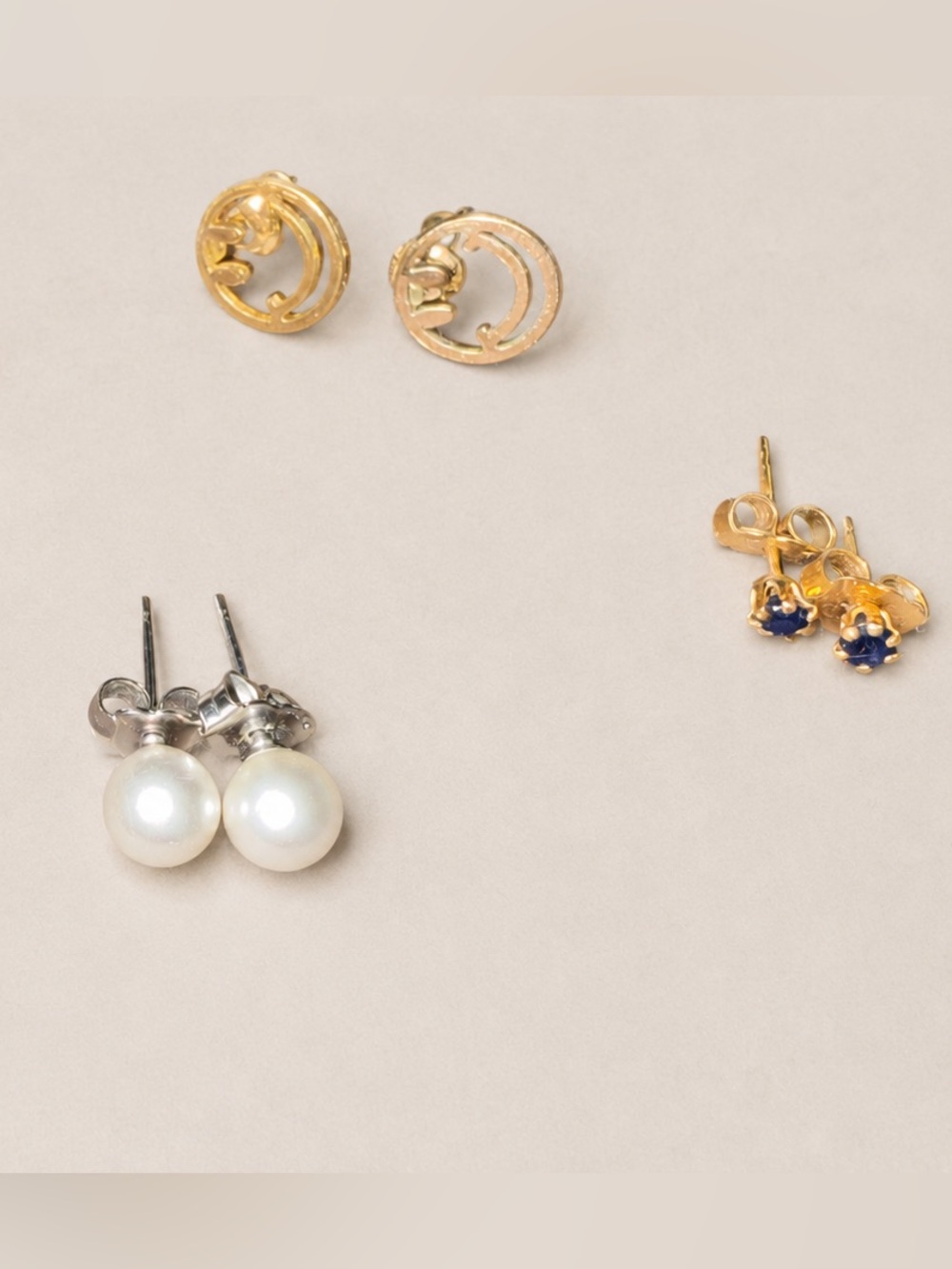 3pk Stud Earrings - White Pearl, Mini Sapphire, Gold Smiley Face